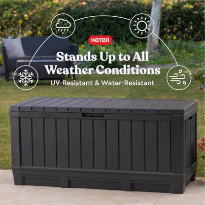 Keter Kentwood 92 Gal Outdoor Storage Box for Patio and Pool Accessories | Grey, Resin, Large, Weatherproof, Lockable, Durable, Easy Assembly, Organization, Patio Cushions Storage