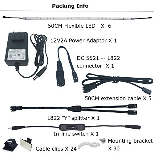 Under Cabinet Light, 6 PCS 20 Inches Flexible LED Strips with Power Adapter, 24W,1800 Lumen, Daylight 5000K. Suitable for Kitchen Cabinets, Counters, Under Shelf, Closets (6-Strip-5000K)