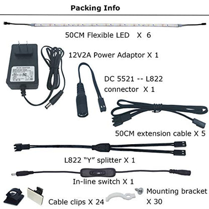 Under Cabinet Light, 6 PCS 20 Inches Flexible LED Strips with Power Adapter, 24W,1800 Lumen, Daylight 5000K. Suitable for Kitchen Cabinets, Counters, Under Shelf, Closets (6-Strip-5000K)