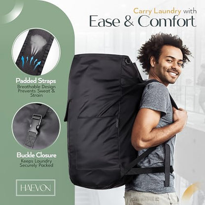 HAEVON Heavy Duty Laundry Backpack, Black | Padded Straps, Removable Liner