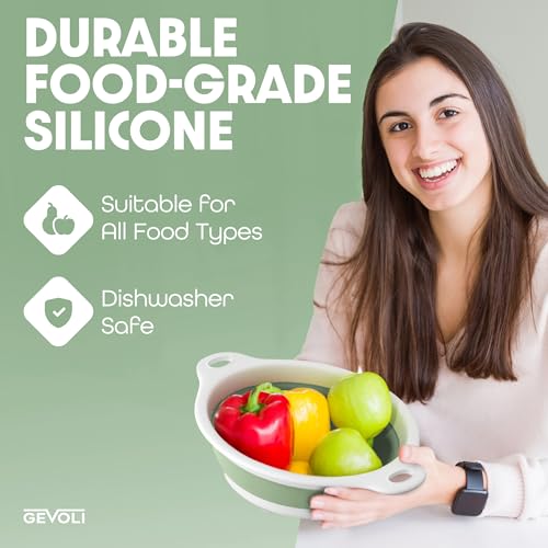 Collapsible Colanders (3 Pack Set) Food Strainers with Over-Sink Water Draining Base for Pasta Fruits and Vegetables, White/Sage (3 Sizes, 3QT, 4QT and 5 Quart)