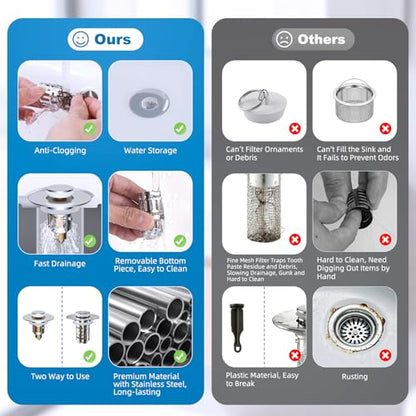 Hibbent 2 Pack Universal Bathroom Sink Drain Strainer, 3 in 1 Pop Up Stopper with Removable Stainless Steel Filter Basket, Brass Bullet Core, Hair Catcher Sink Plug for 1.1''~2.36'' Hole, Chrome