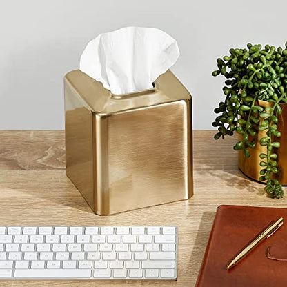 mDesign Metal Square Tissue Box Cover, Modern Facial Paper Holder - Accessories for Bathroom Vanity Countertop, Bedroom Dresser, Night Stand, Desk, Office and End Table - Unity Collection - Soft Brass