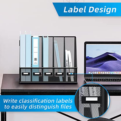 Desk Organizers Metal Desk Magazine File Holder with 5 Vertical Compartments Rack File Organizer for Office Desktop, Classroom, Home Workspace, Black