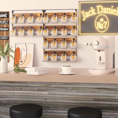 IBUYKE Coffee Mug Holder Wall Mounted,Set of 3,24 Hooks,Brown TBJ005H-3 | Mug Racks for Wall Rustic Wood Coffee Mug Rack Display Organizer for Kitchen Home Bar Coffee Station