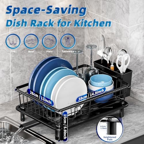 Dish Drying Rack for Kitchen Counter,Stainless Steel,Black | Space Saving,New Drain Outlet,Rotating Spout & Angled Drainboard for Quick Drainage,Removable Utensil Holder
