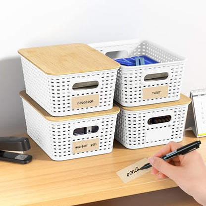 Plastic Storage Baskets with Bamboo Lids and Labels, Stackable Storage Containers, Storage Bins for Organizing Shelves Drawers Desktop Closets Office, 6 Packs-White
