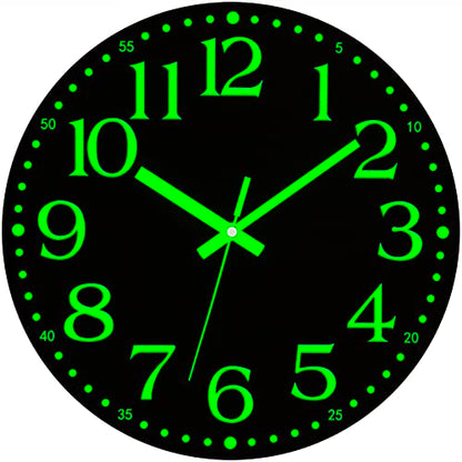 Wall Clock Glow in the Dark Clocks Battery Operated Silent 12 Inch | Black Wood Wall Clock Non-Ticking Analog Luminous Clock for Living Room Bedroom Office Kitchen Classroom Bathroom