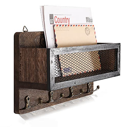 ADIIL Mail and Key Holder for Wall Decorative, Wooden Wall Mount Key Rack Hanger Organizer with 4 Double Key Hooks, Rustic Home Decor for Entryway Hallway, Brown