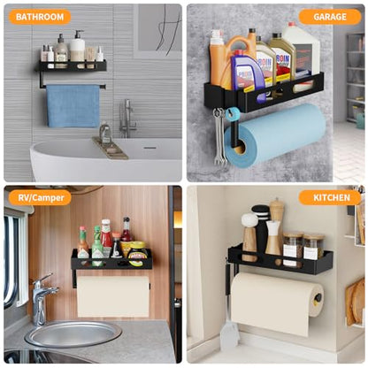 Paper Towel Holder Wall Mount for Kitchen, Paper Towel Holder with Shelf for Bathroom, RV Paper Towel Rack, Spice Rack with 2 Hooks,Matte Black