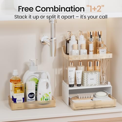 Delamu 4-Tier Makeup Organizer, Bathroom Counter Storage, 2 Drawers, Amber | Elegant Vanity Organizer Gift for Women, Holds Perfume, Skincare, Nail Polish & Hair Accessories for Bathroom Countertop