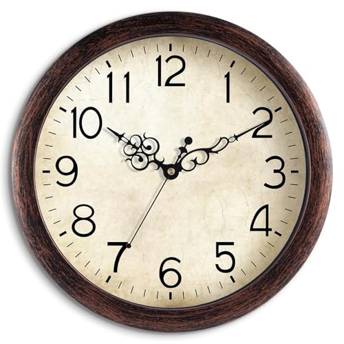 KECYET Wall Clock 10" Vintage Battery Operated Non-Ticking Quartz (Bronze) | Kitchen clock Living Room Retro Rustic Kitchen Bathroom Home Office Bronze