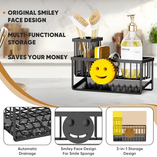 Sponge Holder for Kitchen Sink,Smiley Face Sink Caddy with Removable Brush Holder,Self-Draining Sponge Caddy for Sponge,Soap,Dish Brush,Scrubber,Kitchen Essentials and Gadgets