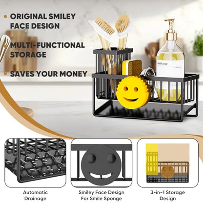 Sponge Holder for Kitchen Sink,Smiley Face Sink Caddy with Removable Brush Holder,Self-Draining Sponge Caddy for Sponge,Soap,Dish Brush,Scrubber,Kitchen Essentials and Gadgets