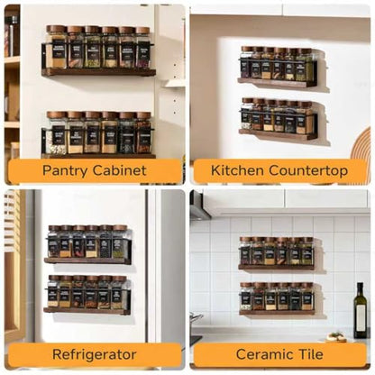 4-Tier Wall Mount Spice Rack Organizer with 24 Glass Jars, 216 Labels & Funnel - Screw/Adhesive Mount, Black Metal & Wood Spice Storage for Kitchen Pantry Cabinet, 11.6”L x 2.4”W x 3.2”H