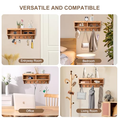 Key Holder Wall Mount with Mail Organizer, 6 Hooks & Shelf, Brown | Wood Key Holder Wall Mount with 6 Key Hooks, Shelf & Storage Box and Mail Organizer for Entryway, Apartment, Home and Office