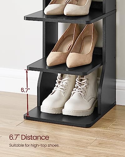 VASAGLE 7-Tier Vertical Shoe Rack, Narrow Shoe Storage Organizer with Hooks, Slim Corner Tower Shelf, Space-Saving for Entryway and Bedroom, Black ULBS200T16