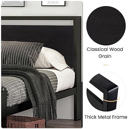 SHA CERLIN Full Size Bed Frame, Wooden Headboard and Footboard, Black Oak | Rounded Corners, 12 Metal Slats, Noise-Free Design, 12-Inch Storage, No Box Spring, 40-Minute Assembly