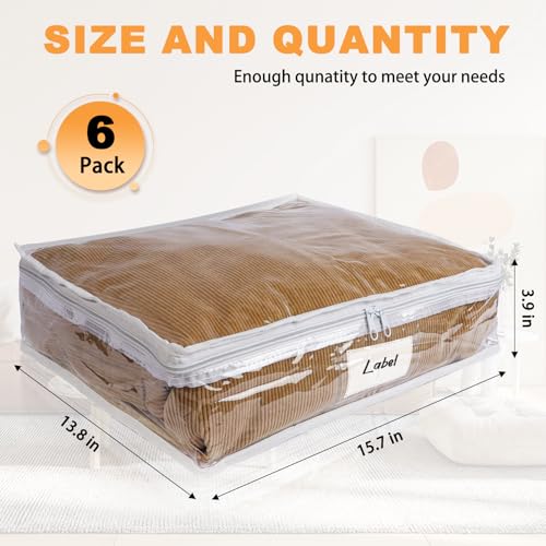 Clear Zippered Plastic Clothes Storage Bags, 6 Pack, White | Clear Storage Bags with Zipper Plastic Storage Bags for Clothes Sweaters Blankets Sheets, Size: 15.7 x 13.8 x 3.9 Inch
