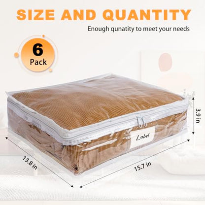Clear Zippered Plastic Clothes Storage Bags, 6 Pack, White | Clear Storage Bags with Zipper Plastic Storage Bags for Clothes Sweaters Blankets Sheets, Size: 15.7 x 13.8 x 3.9 Inch