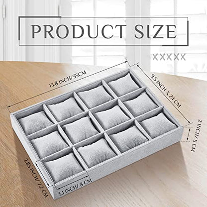 2 Pieces 12 Grid Velvet Watch Tray Jewelry Organizer Stackable Watch Bracelet Bangle Display Holder Adjustable Pillow (Gray)
