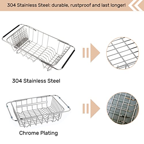 Sink Dish Drainer Rack, Expandable Stainless Steel Dish Drying Rack | 304 Stainless Steel Sink Rack with Utensil Holder, Adjustable 14.96"-20.59", Fits Inside Sink, Holds Up to 7 Upright Utensils