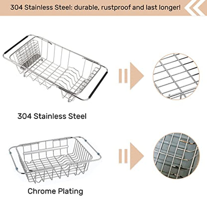 Sink Dish Drainer Rack, Expandable Stainless Steel Dish Drying Rack | 304 Stainless Steel Sink Rack with Utensil Holder, Adjustable 14.96"-20.59", Fits Inside Sink, Holds Up to 7 Upright Utensils