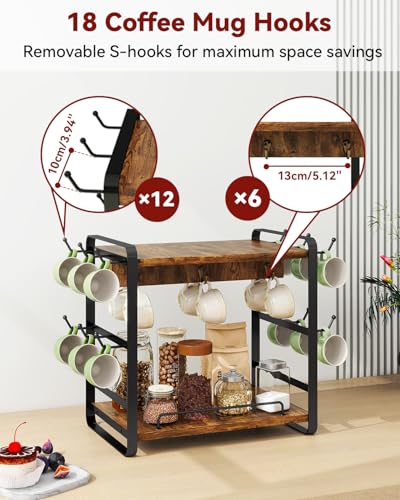 IBUYKE Kitchen Mug Cup Holder,2 Tier Coffee Bar Organizer,Brown TBJ006H | Coffee Bar Station Countertop Organizer Coffee Mug Stand with 18 Hooks,Multifunctional Mug Tree for Home Kitchen Office