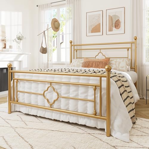 Allewie Queen Size Metal Platform Bed Frame, Victorian Headboard, Gold