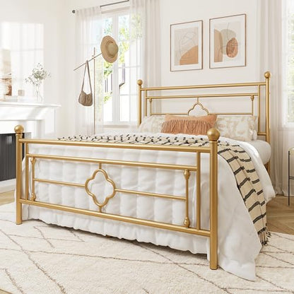 Allewie Queen Size Metal Platform Bed Frame, Victorian Headboard, Gold