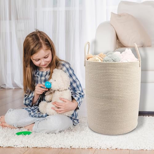 Woven Cotton Rope Laundry Basket, 15" x 20" Laundry Hamper, Oatmeal | Rope storage basket for dirty clothes, toys and blankets. Perfect for bathroom, baby nursery and living room storage.
