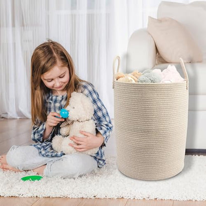 Woven Cotton Rope Laundry Basket, 15" x 20" Laundry Hamper, Oatmeal | Rope storage basket for dirty clothes, toys and blankets. Perfect for bathroom, baby nursery and living room storage.
