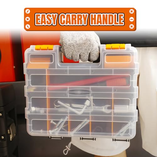 Jack Boss Tool Box with Transparent Lid, Double Side 34-Compartments Organizer Box with Removable Dividers for Hardware, Screws, Bolts, Nails, Beads, Jewelry and Fishing Accessories, Orange, 2 Pack