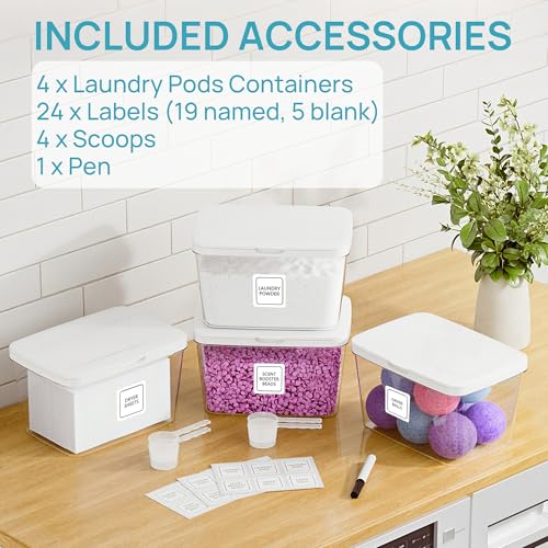 Vtopmart 4 Pack Laundry Pods & Detergent Container, Dryer Sheet Holder | Clear Laundry Powder Container with Lids &Labels & Scoop for Laundry Room Organization, Stackable Laundry Room Decor Bins