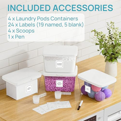 Vtopmart 4 Pack Laundry Pods & Detergent Container, Dryer Sheet Holder | Clear Laundry Powder Container with Lids &Labels & Scoop for Laundry Room Organization, Stackable Laundry Room Decor Bins