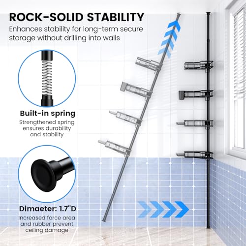 Adjustable Shower Caddy Tension Pole: Rustproof Corner Bathroom Shelves | 4-Tier 31-124" No Drill Standing Organizer Fits Apartments Rentals Bathroom Bathtub, for Shampoo, Conditioner, Bath Essential