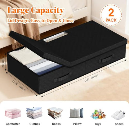 Under Bed Storage Containers with Lids, 2 Pack Foldable Black | Storage organizer, Stackable Clothes Storage Bags, For Blankets Pillows Clothing, Clear Window, 3-Sided Handles, Label Slot