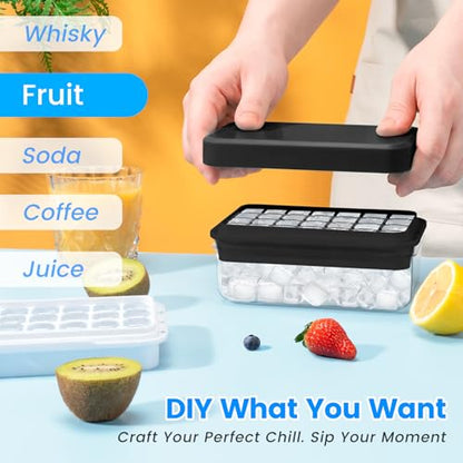 Ice Cube Tray with Lid and Bin, Easy Release 56 Cubes for Freezer | Food-grade BPA-free PP and ABS. Ice cubes for fruit, cocktails, iced coffee. Space-saving stackable with scoop