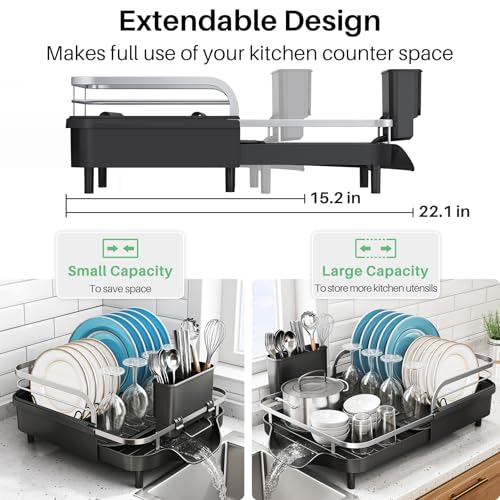 SNTD Expandable Dish Drying Rack for Kitchen Counter, 15.2-22.1 in, Black | Rust-Resistant Stainless Steel, Protective Side Rails, Self-Draining Drainboard, Removable Utensil Holder