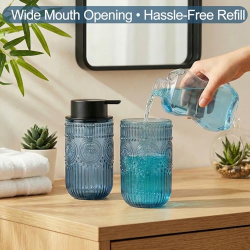 Blue Glass Foaming Soap Dispenser, 14 OZ Vintage Embossed Foam Hand Soap Dispenser, Refillable Foam Dispenser with Black Pump for Bathroom, Kitchen Decor, Large Capacity