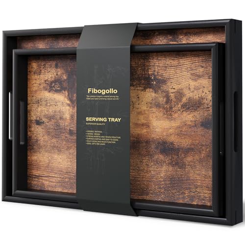 Fibogollo Set of 2 Wooden Serving Trays with Handles for Coffee Table | Decorative Trays Platter,Breakfast Tray in Bed,Large Coffee Table Tray，Food Drinks Trays for Eating,Working,Storing