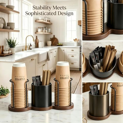 GOYLSER Coffee Bar Organizer with Straw & Stirrer Storage Caddy for Cups Lids, Coffee Organizer Station Home Kitchen Office Coffee Cup Holder for Countertop, Black