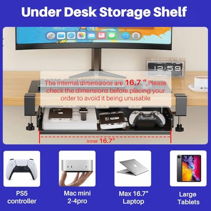 BYMECOST No Drill Under Desk Laptop Mount, Metal Under Desk Storage Shelf | Laptop Storage Tray for Macbook, Mac Mini, Controllers and Cables, Anti-scratch Silicone, fits Office, Gaming, Workstations