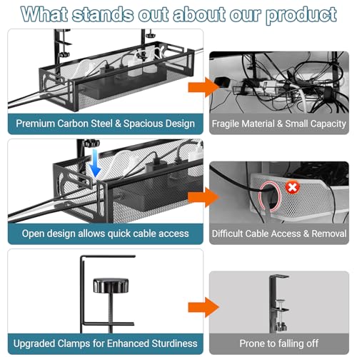 No Drill Under Desk Cable Management Tray, SONATURE 15.7" Cord Organizer for Table, Clamp Mount Desk Cable Management, Premium Carbon Steel Cable Organizer for Office, Home (Black)