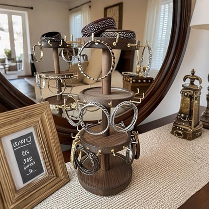Lolalet 4-Tier Rotating Bracelet Holder -Darkbrown | Wooden Display Stand with 42 Hooks & Tray Base, 360° Degrees Rotatable, Holds Bracelets, Key Chains & Small Accessories