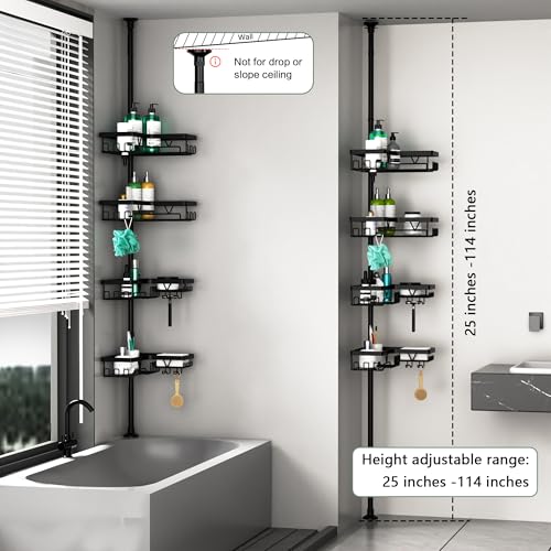 Corner Shower Caddy Tension Pole 4 Tier Shower Caddy Organizer Black | Space Saver, 28 Hook, Soap Dish, Razor Holder, Rustproof, For Bathtub Bathroom, Floor to Ceiling 25-114 Inch, Simple Install