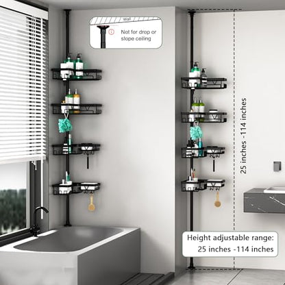 Corner Shower Caddy Tension Pole 4 Tier Shower Caddy Organizer Black | Space Saver, 28 Hook, Soap Dish, Razor Holder, Rustproof, For Bathtub Bathroom, Floor to Ceiling 25-114 Inch, Simple Install