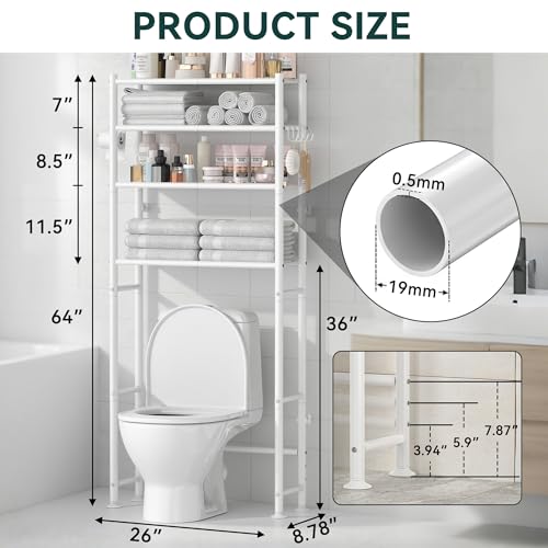 4-Tier Over The Toilet Storage Shelves, White | 200lb Total Capacity, Metal Bathroom Organizer with 36" Clearance, Includes Paper Holder & 4 Hooks, Suit for Small Space