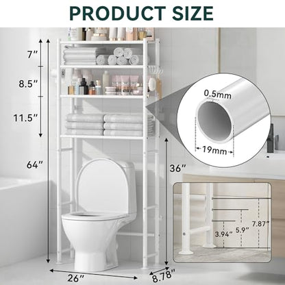 4-Tier Over The Toilet Storage Shelves, White | 200lb Total Capacity, Metal Bathroom Organizer with 36" Clearance, Includes Paper Holder & 4 Hooks, Suit for Small Space