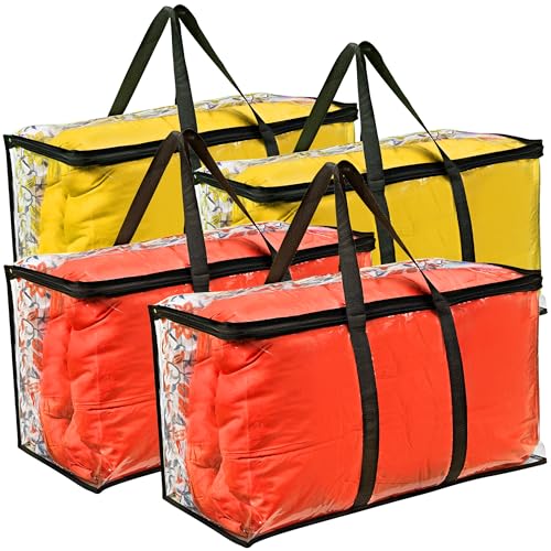 Clear Moving Bag (4-Pack) 25x14x12 - Zipper, Blankets, Breathable | Breathable Non-Woven Sides, Foldable, Comforters, Bedding, Clothes, Sweaters, College, Dorm, Packing